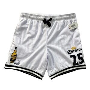 Corona Mens Mesh Gym Shorts White Corona Bottle Logo And #25 Size Small NWT